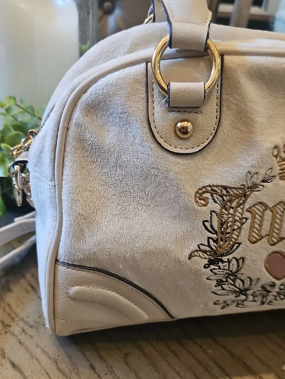 Juicy Couture Cream Embroidered Satchel Crossbody with Gold Accents